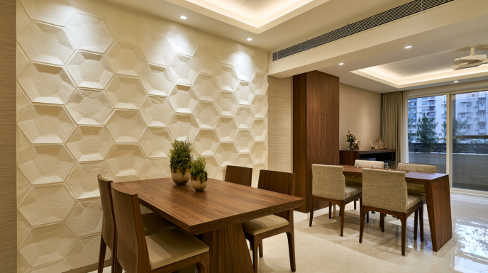 White Hexagonal 3D Wall Panel in Dining Space