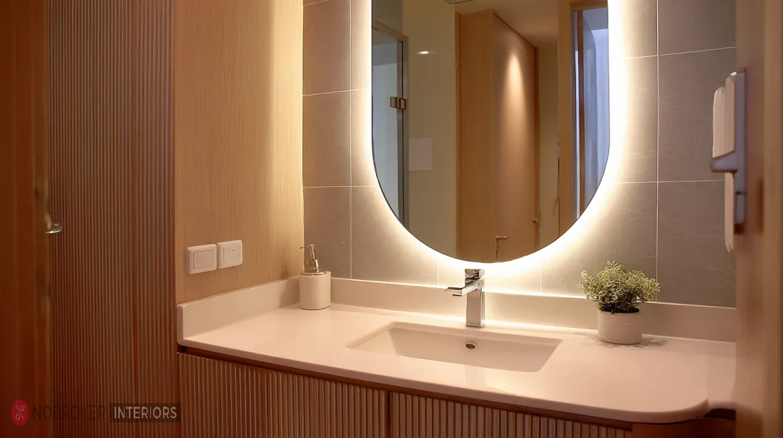 White Solid-Surface Vanity with Backlit Pill Mirror