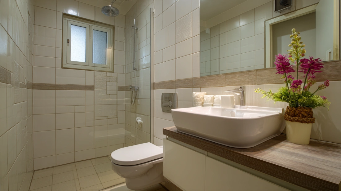 White Tiled Bathroom with Floating Vanity Unit