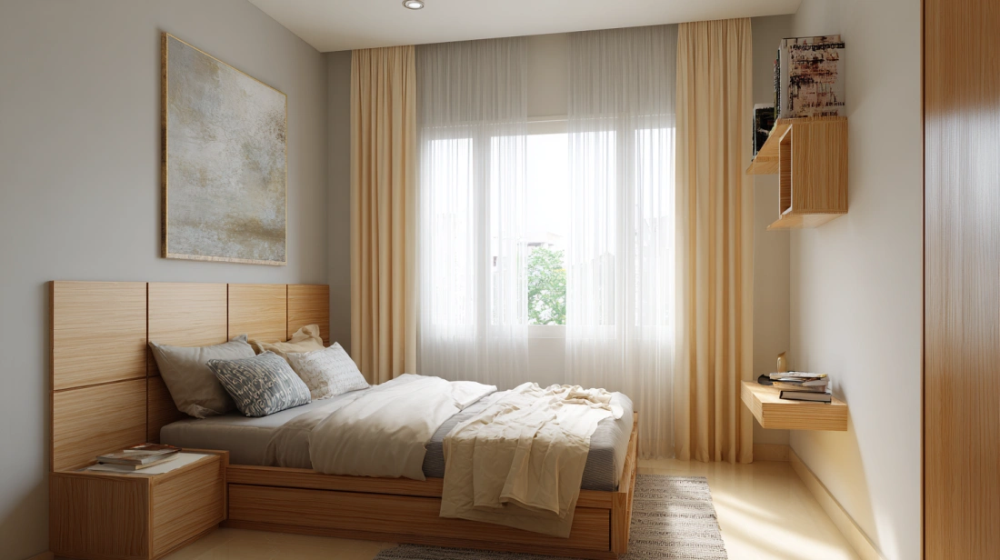 Wooden Bed Frame with Multi-Panel Headboard Design